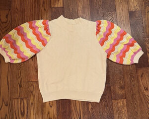 Anthropologie THML Womens Small Crochet Sleeve Chevron Knit Top Puff Sleeve Boho
